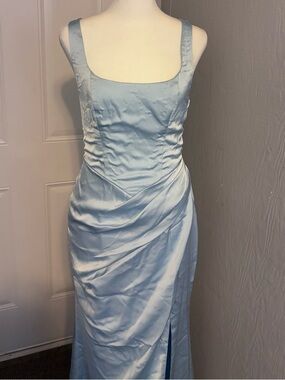 Azazie Sky Blue Mermaid Pleated Stretch Satin Dress Size A4